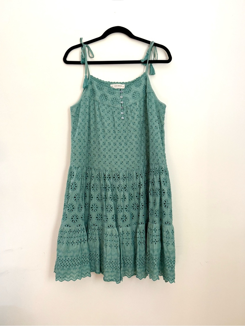 Lucky Brand Tie Sleeve Tiered Eyelet Mini Dress Green Size M